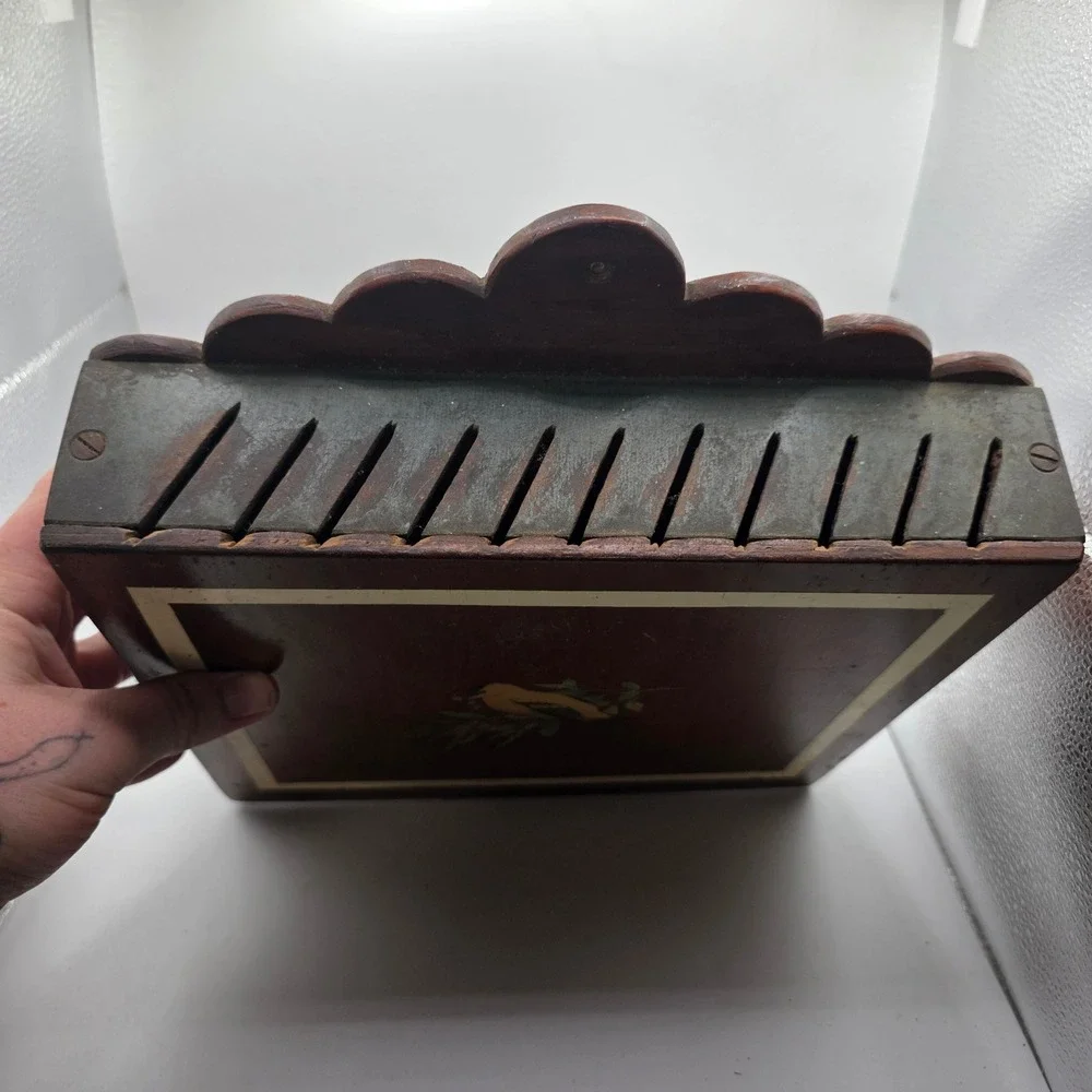 Vintage Wood Wall Mounted Mail Organizer Scalloped Top Dark Cherry Finish Bin